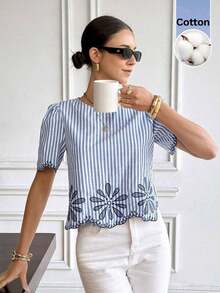 Camisa de mujer de moda casual con cuello redondo, manga corta y estampado de rayas - Azul y blanco - Ver 5