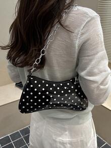 Large Chain Polka Dot Baguette Shoulder Bag - Black - View 3
