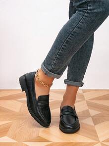Giày lười nữ màu đen dập vân cá sấu, gót chunky, mũi tròn, kiểu dáng penny loafer, thanh lịch, phù hợp cho công sở và thường ngày. - màu đen - Xem 6