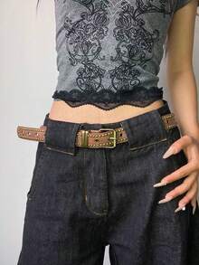 1 pieza Cinturón de mujer estilo retro y occidental con remaches, cinturón casual para jeans - Multicolor - Ver 2