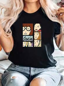 1 Piece Of Women's Fashion T-Shirt With Cartoon Print, Round Neck, Short Sleeves, Simple Casual Sports T-Shirt, Comfortable Summer Vacation Top, 180g 100% Cool Cotton. - 黑色 - 查看 2