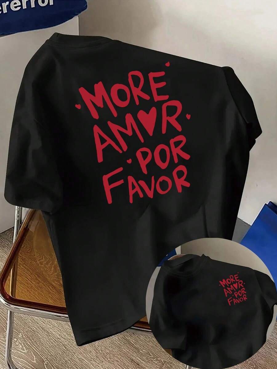 Short-Sleeved T-Shirt With Front And Back Print - More Love, Please Love The Print - Women's T-Shirt With A Modern Print For Spring/Summer, A Fashionable Item. Elegant Party Outfit, T-Shirt For Elegant Ladies, Blouses Suitable For Curvy Women, Prom Skirts, Casual Wear - 黑色 - 查看 1