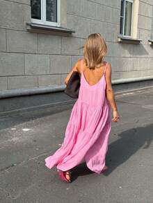 Long Pink Loose-Fitting Island-Style Dress With Straps, Perfect For Summer 2026 - 粉色 - 查看 5