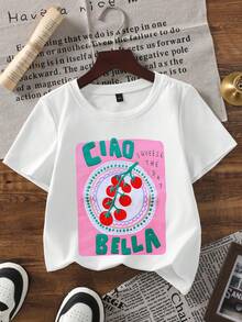 1pc Girls Ciao Bella Cherry Print Graphic Tee, Cute Aesthetic Casual Young Girl Summer Top - White - View 3