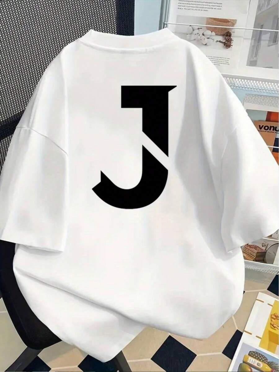 Camiseta Holgada para Mujer con Estampado Abstracto de Letra J, Cuello Redondo Manga Corta, Estilo Casual Primavera-Verano - Blanco - Ver 1