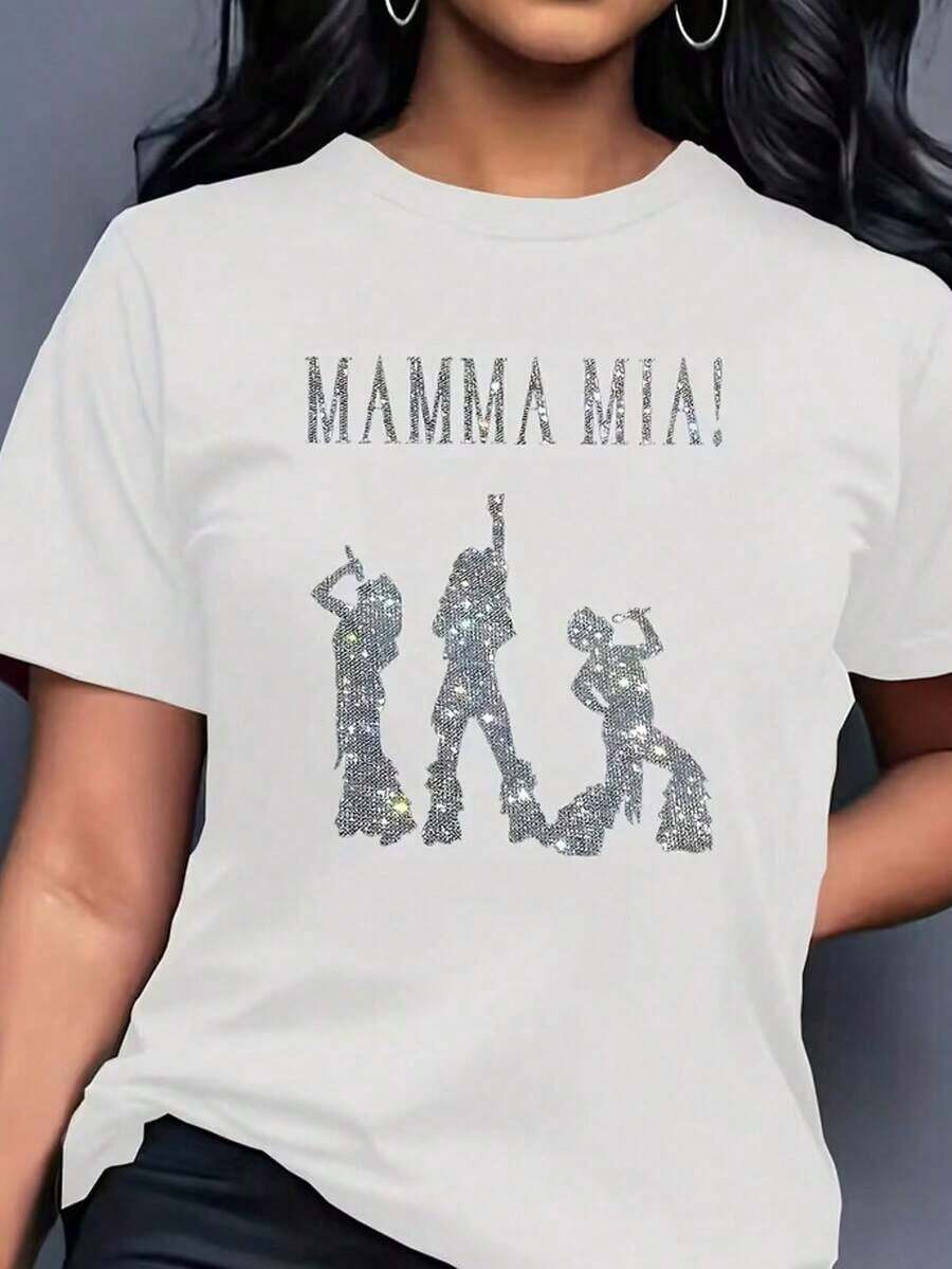 Women's Short-Sleeved T-Shirt, 100% Cotton, Printed With "Y2K Retro Mamma Mia!" Sequin Textured Silhouette, Machine Washable, Breathable, And Comfortable To Wear. Suitable For Streetwear, Parties, Social Events, Music Festivals, Bars, Daily Commutes, Outdoor Travel, And Can Be Worn Casually In Spring, Summer, And Autumn. - 白色 3 - 查看 1