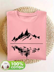 Women's 100% Cotton Short Sleeve T-Shirt With Subtle Outdoor-Themed Patches - Casual Spring And Summer Blouse, Machine Washable, Ideal For Picnics And Casual Wear, Non-Outdoor Printed T-Shirts - 羅莎 - 查看 4
