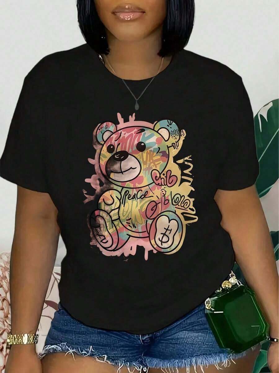 Women's Casual Short Sleeve Crew Neck T-Shirt - 100% Pure Cotton With Vibrant Bear And Peace Graphic Print, Machine Washable, Spring Summer Top For Everyday Wear And Casual Outings, Women's T-Shirts - 黑色 - 查看 1