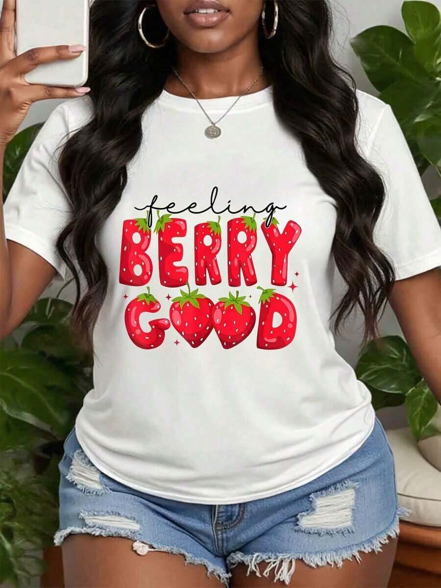 Casual Strawberry Print T-Shirt, Retro Strawberry Graphic T-Shirt, Vintage Fruit Illustration T-Shirt, Gift For Sweet Berry Lovers, Retro Style Clothing, Perfect Gifts For Grandma And Mom. - 白色 - 查看 1