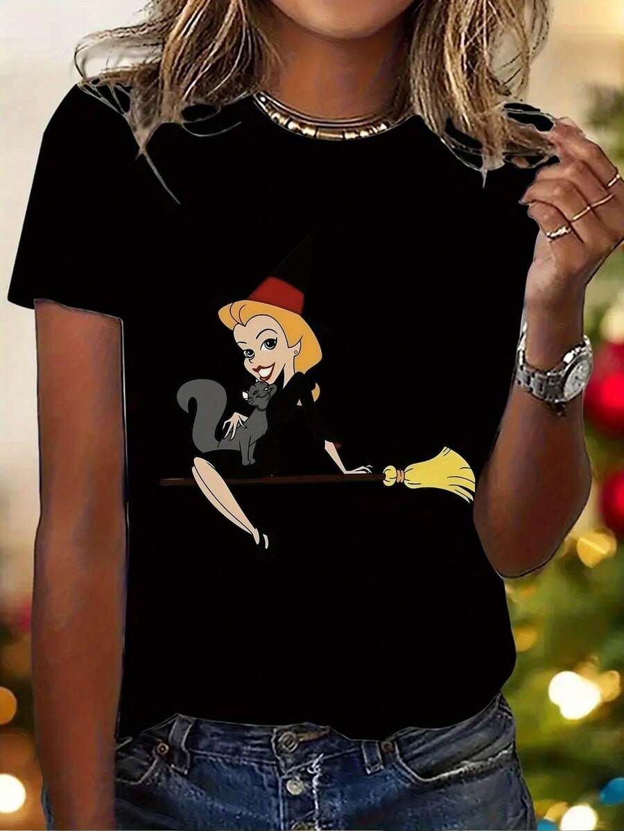 Y2K Women's Elegant Style T-Shirt With Witch Print, Short Sleeve, Round Neck, Casual Top, For All Seasons | Fashionable Casual Clothing | Loose, Casual, And Versatile T-Shirt With Letter Print - 黑色 - 查看 1