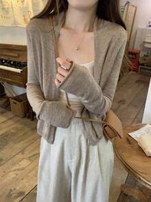 夏の婦人服コーナー：夏の韓国ファッション婦人服、女性の夏の必需品、カジュアルでリラックス感のあるニッチな2026年新作人気商品、着痩せ効果のあるネットセレブ人気商品、婦人カーディガン、軽量日焼け止めカバーアップ、女性用夏の韓国風エレガントで万能なニットカーディガン、リラックス感のあるアウターショール、長袖初夏トップス（キャミソールは除く） - 茶色 - チェックする 3