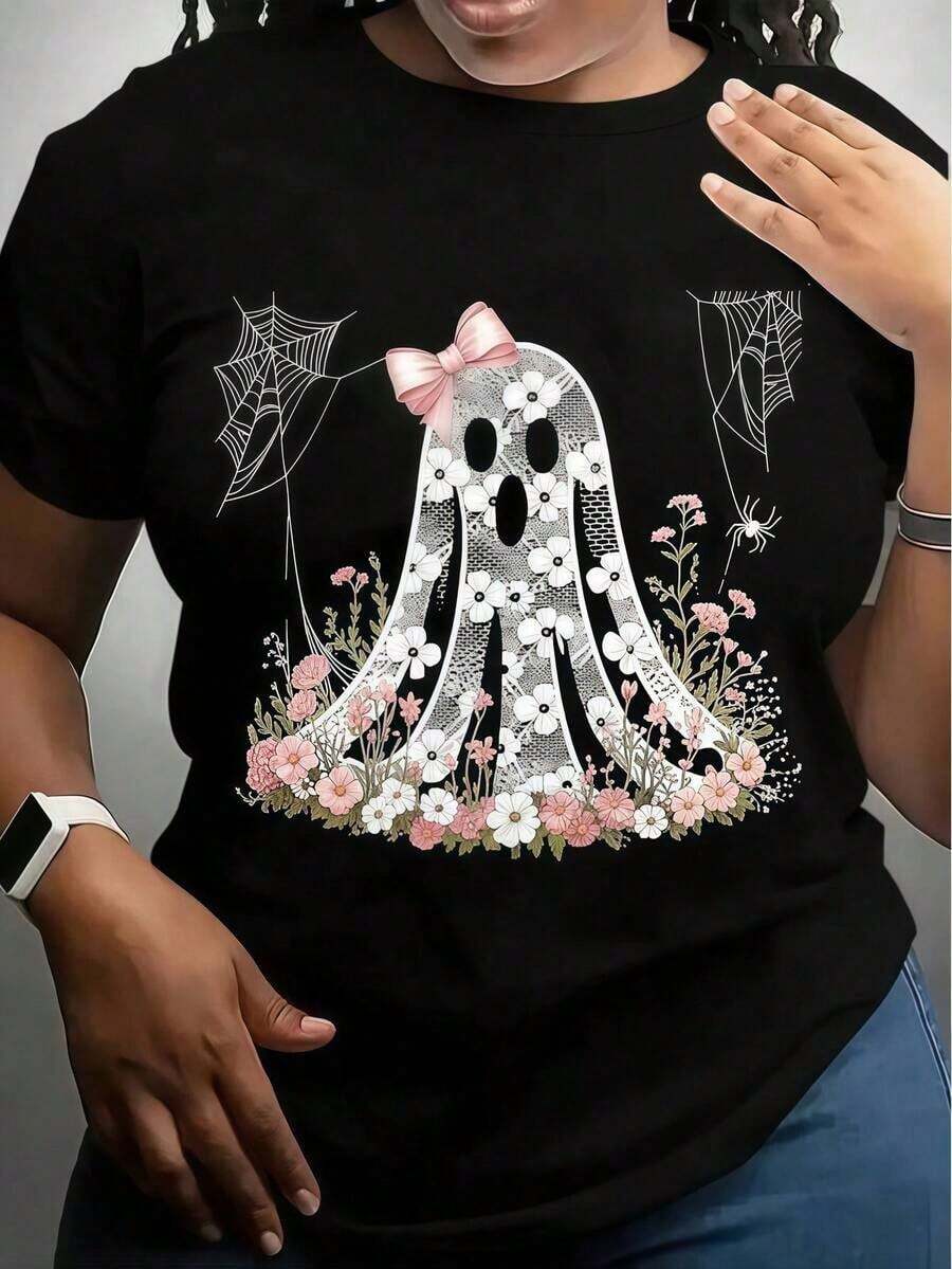 Women's Loose Fit Printed T-Shirt, Beautiful Short Sleeve Sets For Summer Wear, Vacation Outfits, Couple Outfits, Sister Outfits, Parent-Child Outfits_12 Summer Clothes, Graphic Tees Blouses For Women Shirt - 黑色 - 查看 1