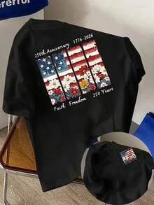 New Men's T-Shirt, 180g Weight, % Cotton, With American Flag Print And 250th Anniversary On The Front And Back, A Modern Short-Sleeved T-Shirt, Suitable For Casual Daily Wear And Outdoor Fitness Activities, With A Unique Double-Sided Pattern Design - To Be Layered In Spring And Autumn Or Worn Alone In Summer, Unisex. - 黑色 - 查看 6