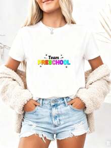 Colorful Preschool Team-Themed Graphic With Vibrant Rainbow Lettering And Arrow Details – Fun Design For Women, Ideal Gift For Preschool Teachers, Mothers, Or Early Childhood Educators, ComPure-Cotton - 白色3 - 查看 9