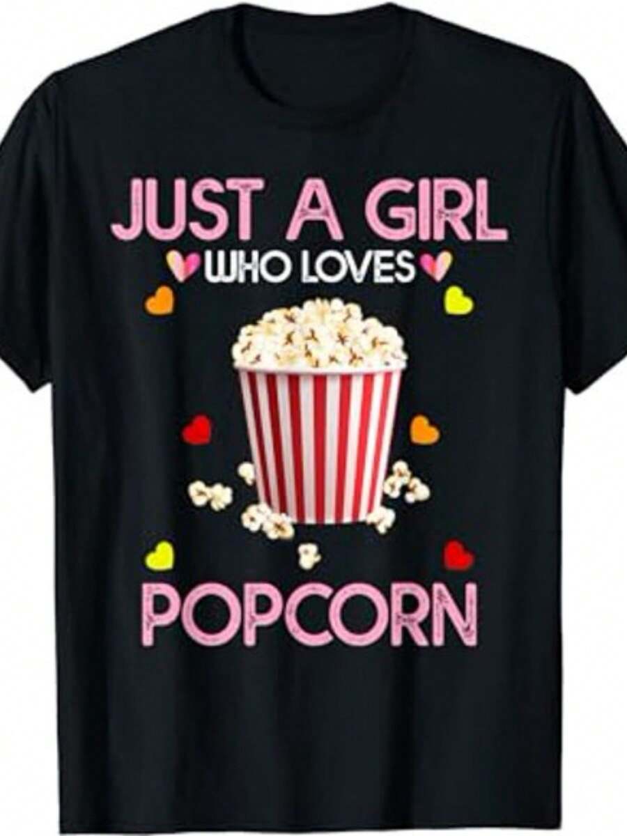Camiseta de Palomitas de Maíz para Mujer, Camiseta "Just A Girl Who Loves Popcorn". Mismo estilo para hombre y mujer, camiseta estampada de manga corta para el verano 2026. Camiseta de Algodón para Familia Coordinada. - Negro - Ver 1
