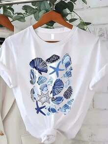 Modern And Minimalist Women's T-Shirt With Letter And Anime Print, Simple And Versatile Design, Ideal For Casual Daily Wear, Shows A Natural And Elegant Style, Essential For Summer Parties, Local Delivery, Casual For Everyday Wear. - 白色 - 查看 7
