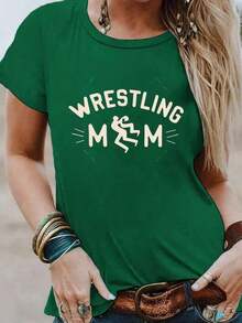 Soft, Breathable, And Lightweight For All-Day Comfort. "Wrestling Mom" Print T-Shirt, Casual Short-Sleeve Crew Neck Top, Women's Spring/Summer Clothing. Classic Crew Neck With A Relaxed Fit That Flatters All Body Types And Is Easy To Pair With Jeans, Shorts, And Leggings. - 黑色 - 查看 8