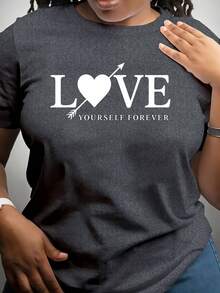 Women's Casual Top. T-Shirt With An Inspirational "Love Yourself" Print, Gray Color. A Must-Have For Everyday Casual Wear. - 黑色 - 查看 9