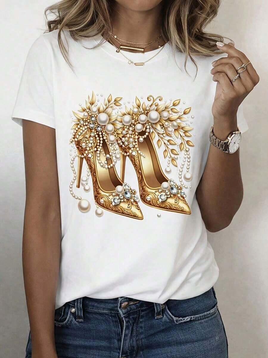 Limited Time Offer, Limited Quantity Available, Lightning, Women's Shirts, Women's T-Shirts Women's Clothing, Elegant T-Shirt Decorated With Gold And Blue Sparkling Crystals For Women - Loose Short Sleeve Top With Round Neck, Medium Stretch Fabric Machine Washable, Suitable For Casual And Formal Occasions In All Seasons. - 白色 - 查看 1