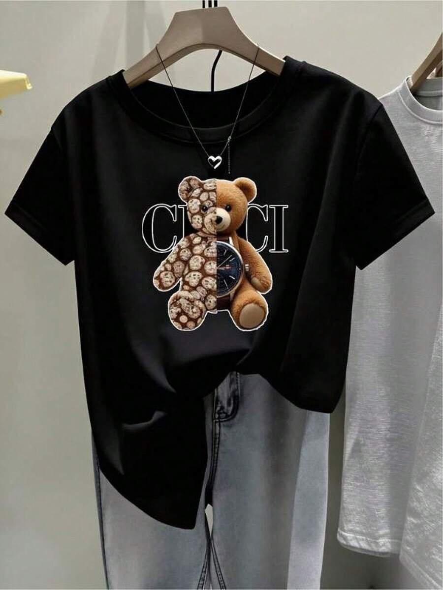 Camiseta negra informal de manga corta con cuello redondo para hombre,Camisetas Para Mujer Cómpralo ya camiseta divertida estampada niño osito suave casual verano urbano negro talla S M L  moda juvenil  2023 - Negro - Ver 1