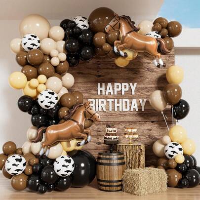 128pcs Wild West Cowboy Balloon Arch Kit, Includes Black, Dark Brown, Khaki, White And Nude Cowboy Print Balloons. Ideal For Wild West Theme Party, My First Rodeo, Baby Shower, Christening, Gender Reveal And Birthday Party Decor.