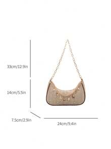 1pc Beige Summer New Shell Chain Decor Solid Color PVC Straw Baguette Bag, Women's Shoulder Beach Vacation Bag (Shell Shape Random, Not Fixed) - Beige - View 7
