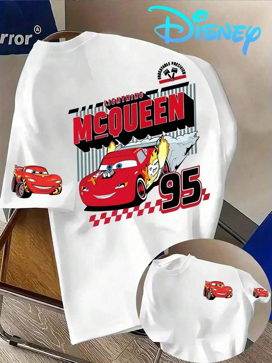 Disney Men's Classic "Lightning McQueen" Graphic T-Shirt, Featuring The Iconic "Rookie Racer" Character In A Bold, Speed-Themed Design, Crew Neck, Short Sleeve, Made From Premium 100% Cotton. This Striking White T-Shirt Showcases A Vibrant Full-Color Print Of The Legendary Red Race Car, Complete With Flames, Checkered Flags, And The Number "95" In Bold Black And Red Lettering. The Dynamic Graphic Captures The Thrill Of The Track And The Character's "Ka-Chow" Spirit, Blending Retro Racing Numbers With A Fresh, Street-Ready Vibe. Perfect For Everyday Wear, Race Days, Or Themed Parties, It's Made From Soft, Breathable Cotton For All-Day Comfort, Pairs Easily With Jeans, Cargo Pants, Or Shorts, And Appeals To Fans Of All Ages. - trắng - Xem 1