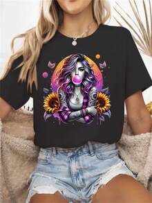 Fashionable Personality: Casual Crew Neck Sports T-Shirt With A Print Of A Tattooed Woman With Colorful Curly Hair, Sucking Gum And Blowing A Bubble; Comfortable For All Seasons: Spring, Summer, Autumn, And Winter. New Summer T-Shirt, Stylish Women's Clothing For - 黑色 - 查看 1