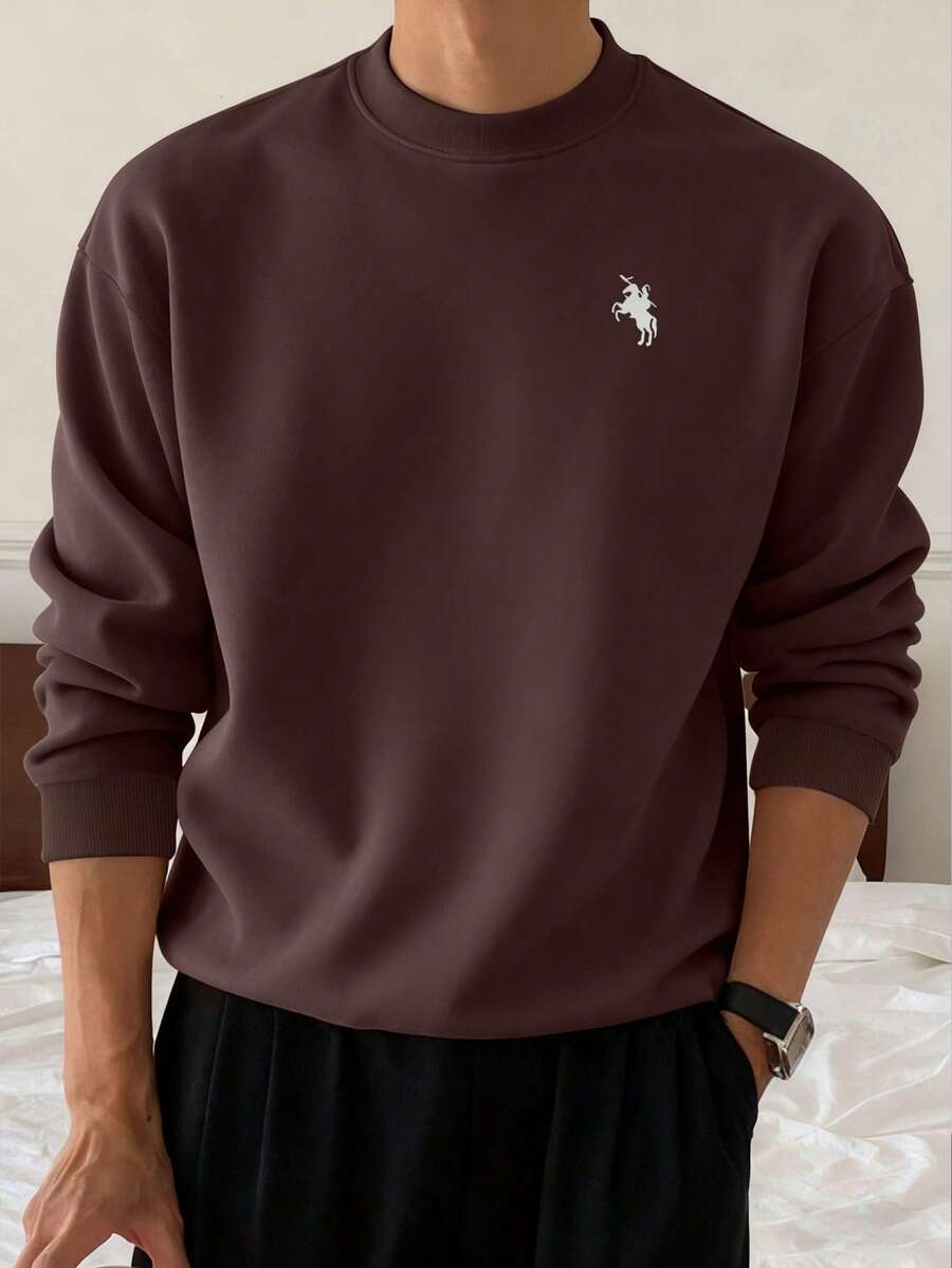 Sudadera de cuello redondo ajustada con estampado minimalista de equitación para hombre, para uso casual y diario, primavera/otoño - Marrón - Ver 1