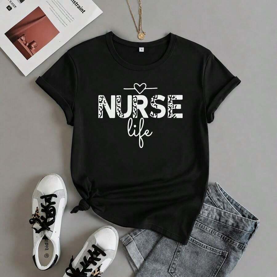 Women's Graphic Nurse T-Shirt, Cotton, Short Sleeve, Round Neck, Leopard Print And Lettering, Casual Loose Fit, For Maternity Work, Sizes M-5XL, Soft. - Black - View 1