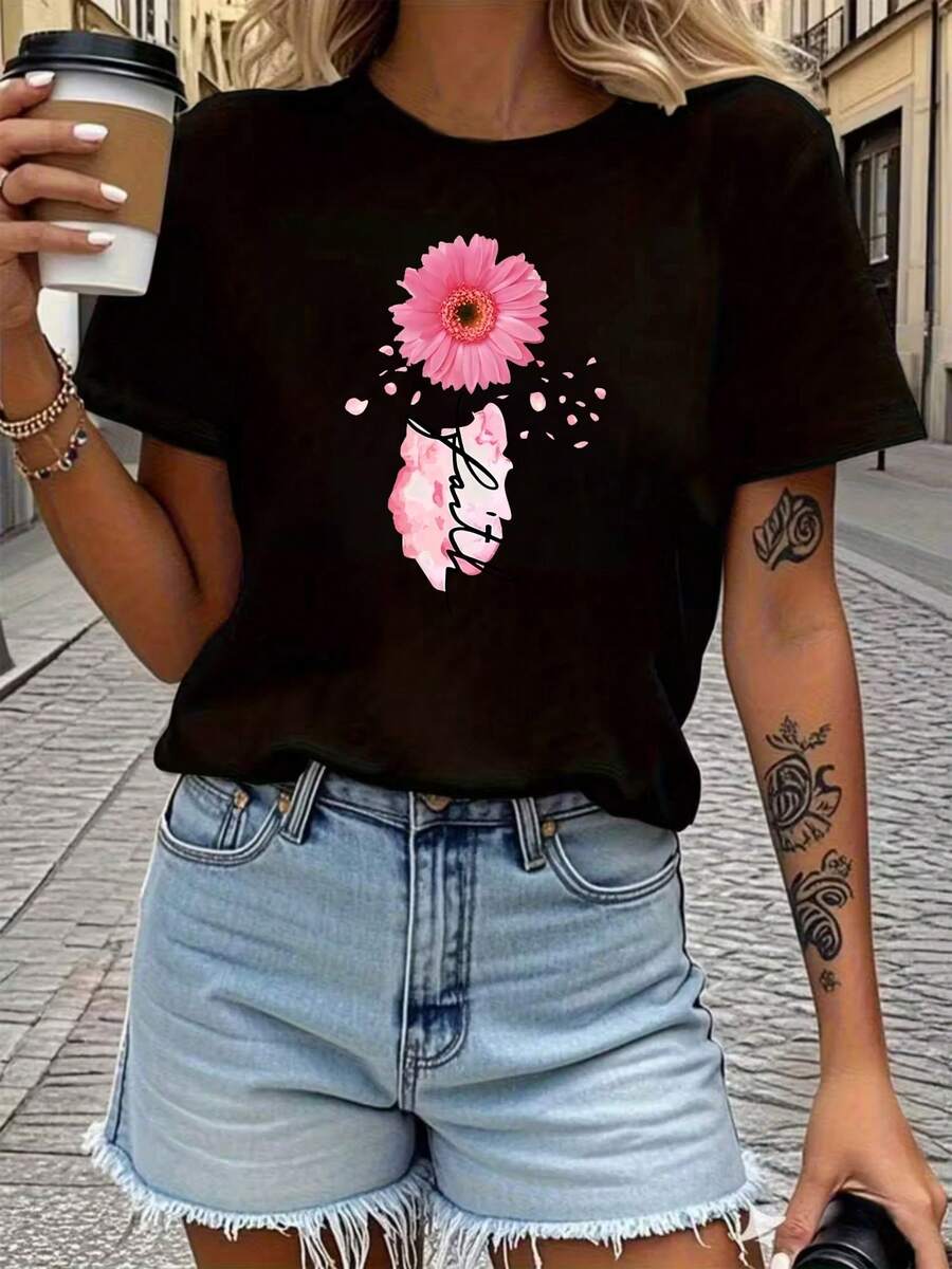 Women's Short Sleeve T-Shirt - Pink Daisy Print With "Faith" Text, Fresh And Natural. Printed Design, Machine Washable, Comfortable And Easy To Match, Casual Crew Neck. Made From A High-Quality Polyester Blend, Suitable For Year-Round Wear. Available In Multiple Colors. - Black - View 1