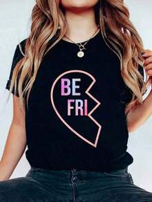 100% Cotton 1 Piece BFF 1 Heart In 2 Best Friends Printed T-Shirt Part 1, Round Neck, Short Sleeves, Stretch Fabric, Summer Top G 100% Soft Cotton Women's Simple Solid Color T-Shirt, Loose And Slim Fit Casual Short Sleeve - 黑色 - 查看 7