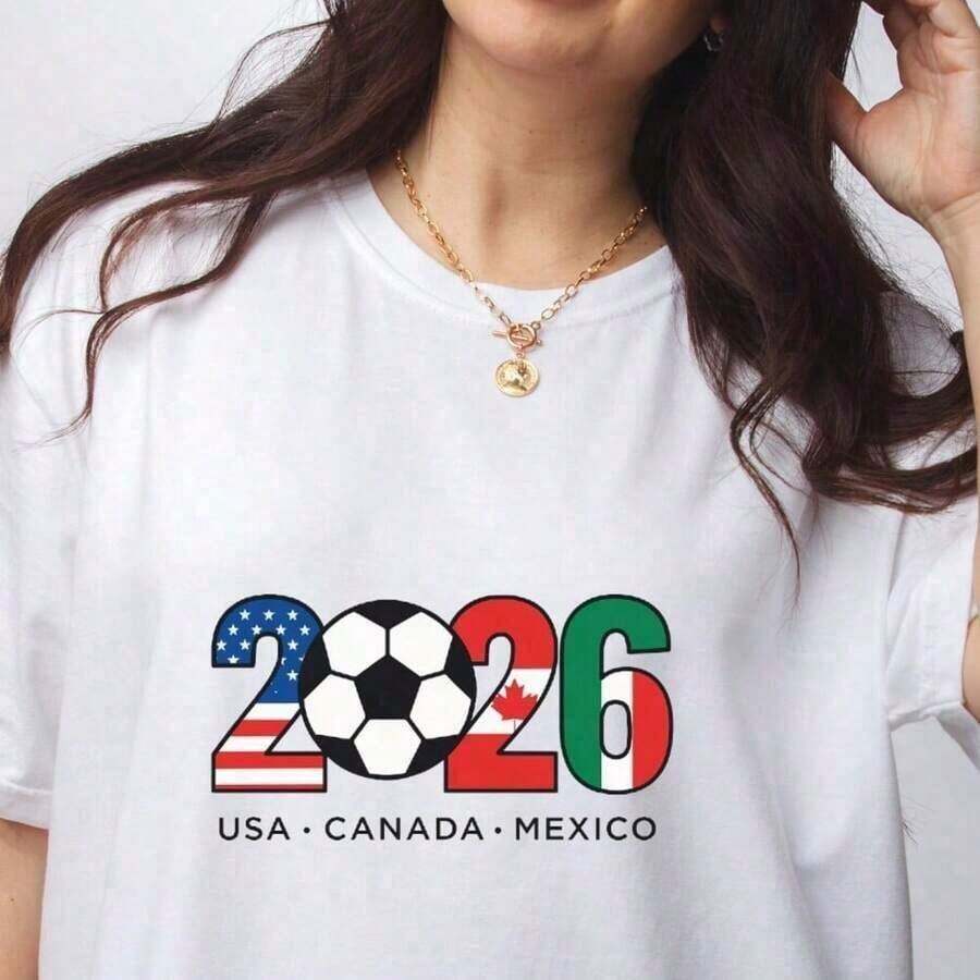Women's Summer Outfits, Gifts For Mothers, Personalized T-Shirt For The 2026 World Cup, Comfortable T-Shirt For USA, Canada, And Mexico Match Day, Blue Tops, Women's Summer Clothes - 白色 17 - 查看 1