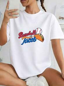 Premium White T-Shirt For Men, 100% Cotton, With Baseball And Taco Prints, Casual Short Sleeve Crew Neck T-Shirt, Fun Summer Design, Loose And Slim Fit, Casual Men's Clothing, Gift Idea - 白色 - 查看 7