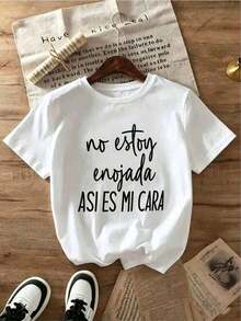Women's Basic Graphic Print T-Shirts, Casual Style, Short Sleeve, Crew Neck, Cool And Lightweight Design, Versatile And Comfortable, With The Phrase 'I'm Not Angry, That's My Real Face'. 100% Cotton. - 白色 - 查看 2