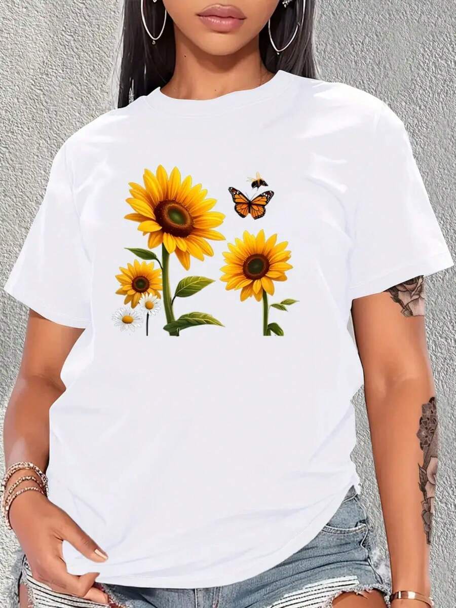 Soft And Breathable, This T-Shirt Is Made Entirely Of Pure Material, Suitable For All Seasons. It Features A Casual Design, Wicks Away Moisture, And Displays A Print Of Sunflowers, Butterflies, And Daisies. It Is Machine Washable And Has A Crew Neck With A Graphic Design. New Arrival. - 白色 - 查看 1