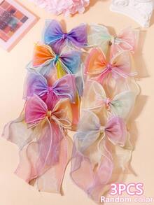 3pcs Random Colorful Dreamy Bowknot Hair Clips, Gradient Rainbow Organza Material Hair Accessories Suitable For Daily, Outing, Party, Photo Shoot For Kids - Multicolor - View 7