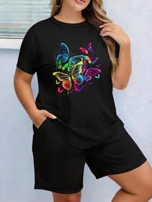 Women's Crew Neck T-Shirt, Vibrant Butterflies, Blue Pink Yellow Rainbow Palette, Bold Graphic Style, Dynamic Composition, Playful Aesthetic, Gradient Details And Artistic Brushstrokes, Machine Washable, Durable Fabric, Casual Style, Comfortable Material, Print Design, Loose Casual Wear, Pair With Jeans, Pair With Shorts, Wear With A Light Jacket - 黑色 - 查看 1