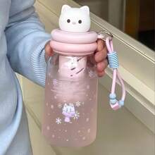 Cute Animal Plastic Water Cup With Tea Strainer & Lanyard, Pink/Blue Cat, Adorable Puppy 4 Styles, Built-In 3D Figurine Lid, Tea Strainer & Beaded Lanyard, Suitable For Students, Commuting, Short Trips, Transparent Cup Body With Adorable Printed Design, Great For Fruit Tea - Multicolor - View 12