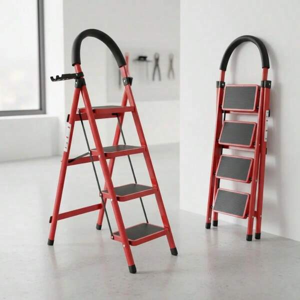 Escalera de Acero Tipo Tijera Plegable 4 Escalones Color Rojo