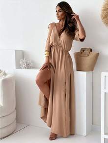 Women's Red Dress With V-Neck, Off-The-Shoulder Lacing, Three-Quarter Sleeves, High Side Slit, Gathered Waist, Flowing Chiffon Fabric, Elegant And Sexy Style Ideal For Summer Vacations, Beach Parties And Formal Evening Events - 駝色 - 查看 2