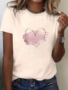 Nueva llegada de verano: Camiseta con estampado de corazones en degradado, estilo casual coreano, cuello redondo, manga corta, colección para el Día de San Valentín. - Blanco - Ver 6