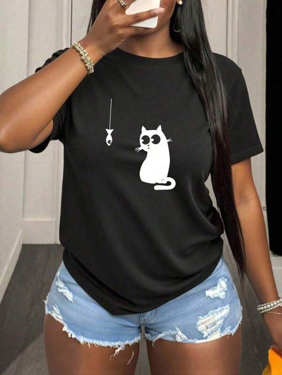 Women's Blouses, Women's Short-Sleeved Crew Neck T-Shirt With A Fisherman Kitten Print. Comfortable And Breathable Fabric, Easy To Pair With All Kinds Of Styles. - 黑色 - 查看 1