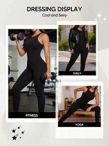 Women's Sleeveless Butt Lifting Yoga Jumpsuit Solid Slim Fit Breathable Casual Long Romper - Black - View 4