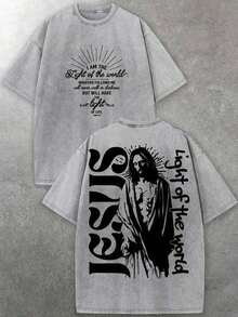 Men's Clothing; Summer T-Shirts; Men's Crew Neck T-Shirt With Jesus Graphic Print "I Am The Light Of The World" And Bible Verse | Soft Fabric | Casual Style - 黑色 - 查看 6