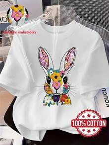 TH277 Women's Fashionable Faux Rabbit Print T-Shirt, 100% Crew Neck, Short Sleeve, Loose Fit With Drop Shoulders, Sweat-Absorbent And Breathable, Comfortable Casual Home Wear, Suitable For Autumn And Winter Layering And As Spring And Summer Outerwear - 白色的 - 查看 6