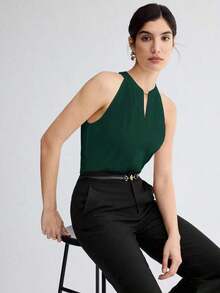 Camiseta de tirantes elegante con cuello de ojo de cerradura de unicolor, versátil para ir al trabajo, uso diario, retro romántico de los 90, adecuada para Navidad, Año Nuevo, San Valentín, fiesta, playa, graduación, moda, carnaval, vacaciones, in - Verde Oscuro - Ver 9