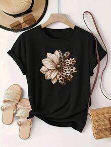 1pc Camisetas Para Mujer Camiseta única con diseño de flor estilizada y manchas de leopardo y2k perfecta para el verano en México ideal para lucir con estilo y confort en cualquier ocasión solo una disponible Camiseta De Manga Corta De Algodón - Negro - Ver 1