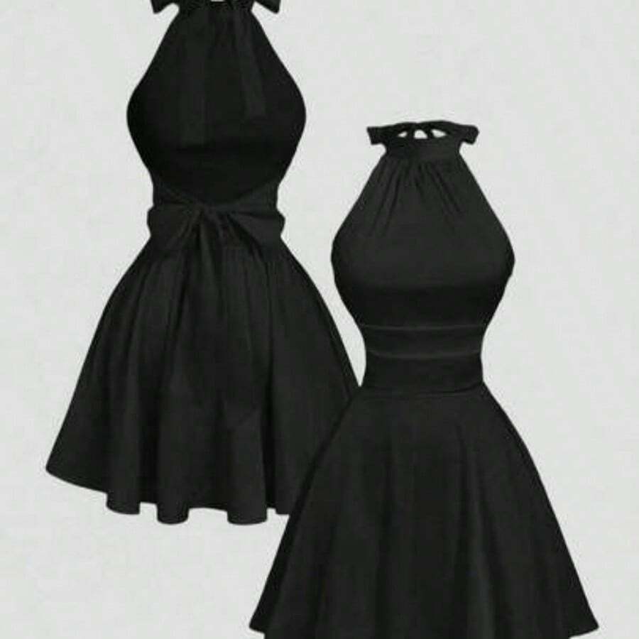 MOD Vestido mini con espalda descubierta, lazo y estampado floral abstracto fluido - Negro - Ver 1