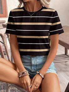 Camiseta de manga corta holgada con cuello redondo, estilo asimétrico a rayas, minimalista y casual, para mujer.Versátil y adecuada para primavera/verano y temporada deportiva - Multicolor 14 - Ver 6